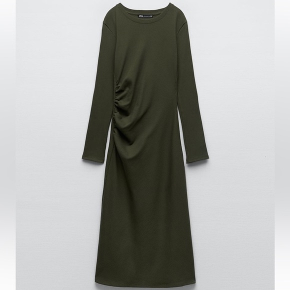 zara RUCHED DRESS KHAKI GREEN SZ L - Picture 3 of 14
